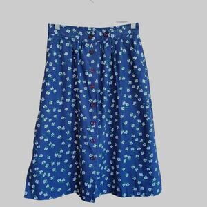 Vintage Navy Floral All Over Print Button Front Midi Skirt Pockets A-Line